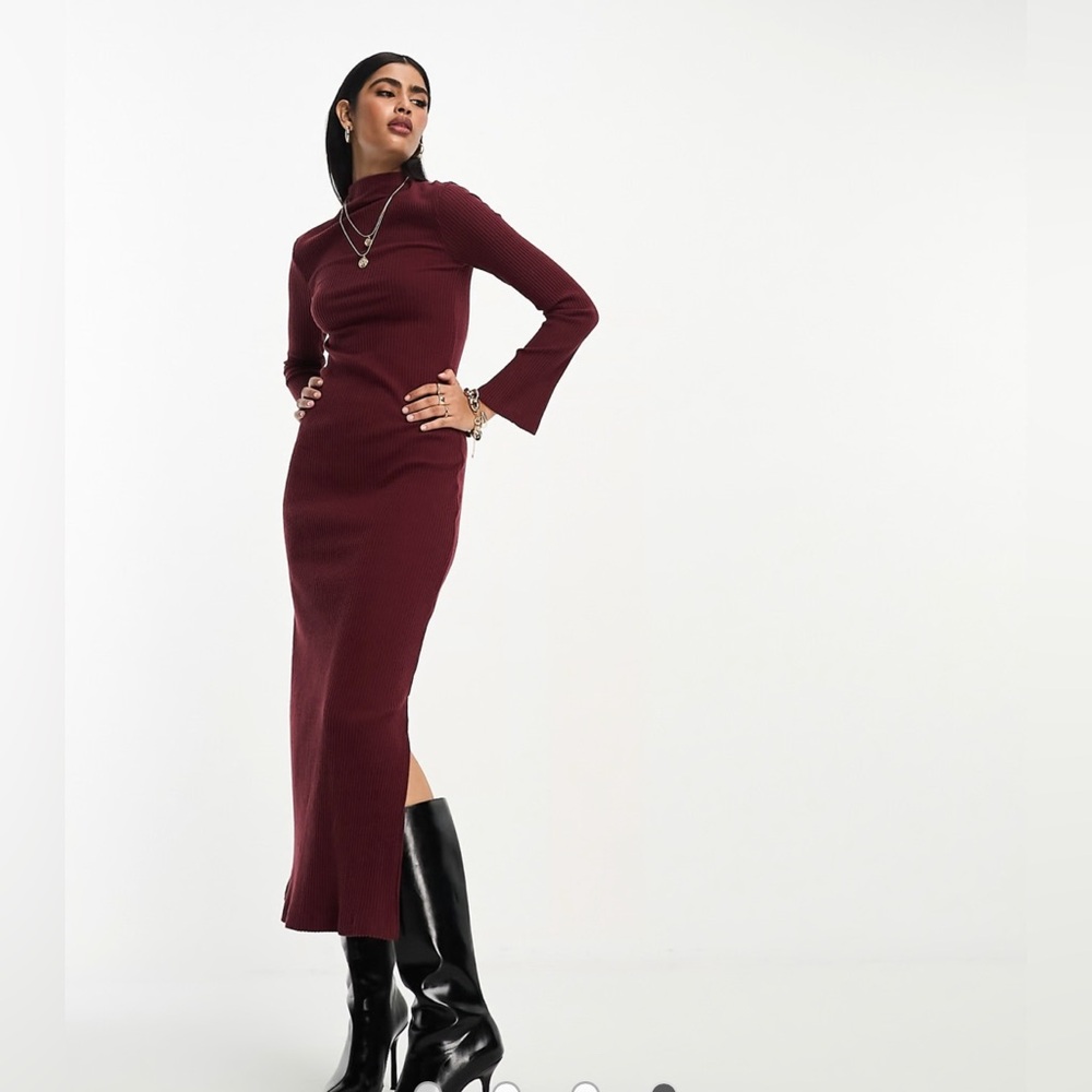 ASOS DESIGN super soft grown on neck long sleeve midi dress in burgundy